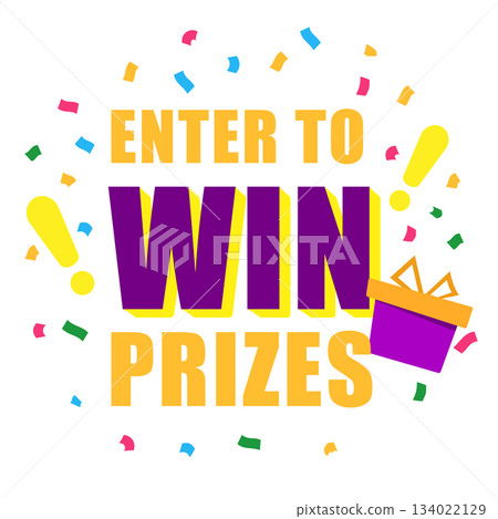 Enter to win prizes. vertical banner. orange gift box on white background and exclamation marks. Fireworks or confetti around. Cartoon origami style vector illustration. Enter to win prizes. vertical banner. orange gift box on white background and exclamation marks. Fireworks or confetti around. Cartoon origami style vector illustration. 134022129