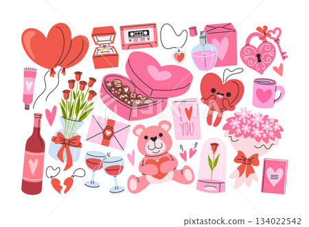 Valentine day gifts hand drawn style set with cute romantic elements and accessories for engagement Valentine day gifts hand drawn style set with cute romantic elements and accessories for engagement 134022542