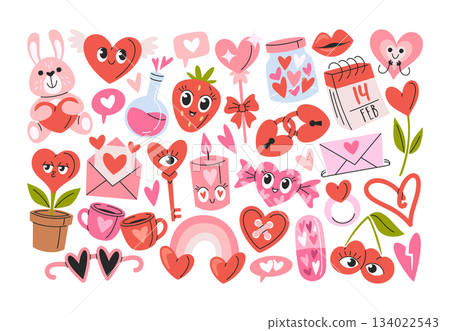 Hand drawn Valentines day stickers set with groovy elements, lovely heart characters cute faces Hand drawn Valentines day stickers set with groovy elements, lovely heart characters cute faces 134022543