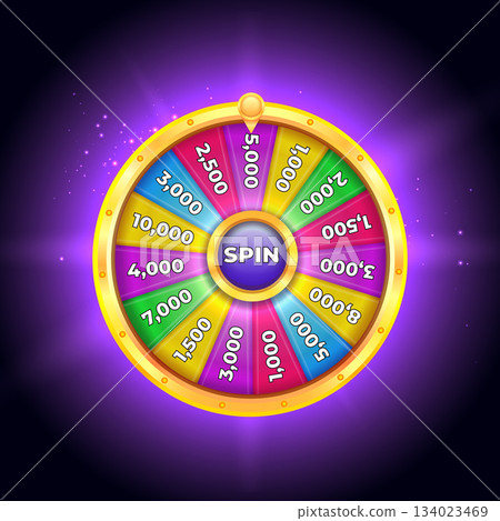 Colorful Casino Spin Wheel with Bright Neon Lights, Jackpot Prizes, and Sparkling Effects for Gambling Games 134023469