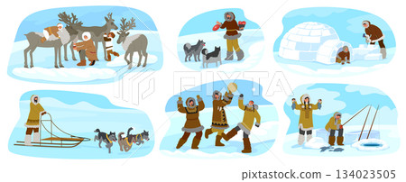 Rich Eskimos life, culture and traditions of North Pole region isolated cartoon people scene set Rich Eskimos life, culture and traditions of North Pole region isolated cartoon people scene set 134023505