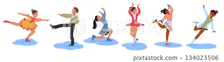 Cute children cartoon characters wearing beautiful costume figure skating on rink isolated set 134023506