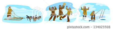 Happy Eskimos people characters traditional culture and lifestyle routine cartoon scene set 134023508