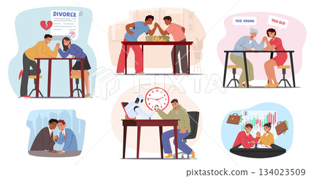 Business conflict and confrontation of ages, AI and human, husband and wife arm-wrestling set 134023509