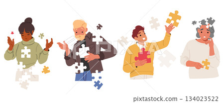 Young, adult and senior people missing jigsaw pieces of their inner world metaphor isolated set Young, adult and senior people missing jigsaw pieces of their inner world metaphor isolated set 134023522