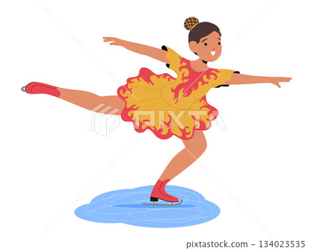 Graceful girl child cartoon character wearing beautiful dress figure skating performing on rink 134023535