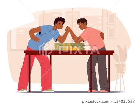 Male entrepreneurs in intense arm-wrestling match symbolizing fight for money and market dominance 134023537