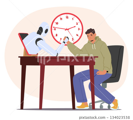 Man and AI fighting in arm-wrestling battle evolving organic and artificial intelligence competition Man and AI fighting in arm-wrestling battle evolving organic and artificial intelligence competition 134023538