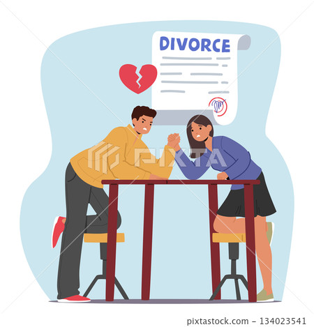 Intense divorce conflict between man and woman through metaphor of arm-wrestling cartoon scene Intense divorce conflict between man and woman through metaphor of arm-wrestling cartoon scene 134023541