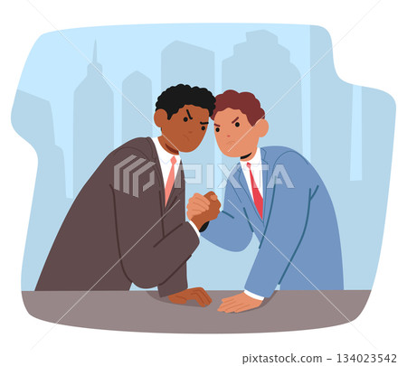 Two businessmen characters clashed in arm-wrestling to prove leadership and successfulness Two businessmen characters clashed in arm-wrestling to prove leadership and successfulness 134023542