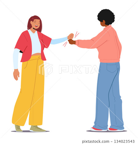 Diverse students cartoon characters celebrating cross-cultural friendship with fist bump gesture 134023543