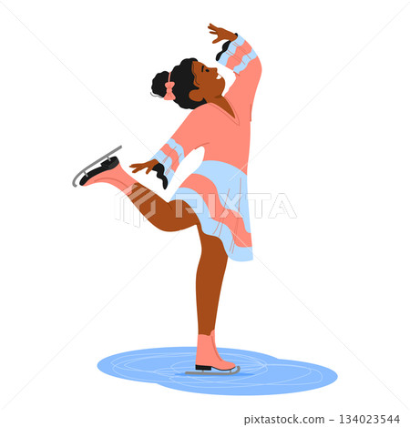 Little girl child cartoon character figure skating showcasing gracefulness in dance move on ice rink Little girl child cartoon character figure skating showcasing gracefulness in dance move on ice rink 134023544