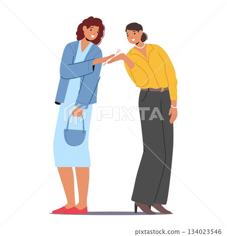 Two attractive businesswomen cartoon character giving five dealing successful collaboration 134023546