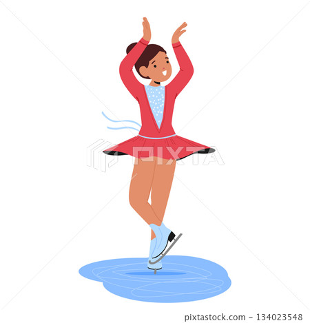 Elegant graceful girl child figure skater cartoon character in concert dress spinning around on rink 134023548