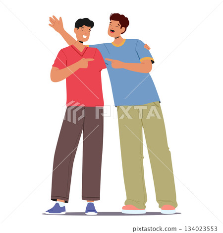 Happy teenage students cartoon characters demonstrating mutual support and successful teamwork 134023553