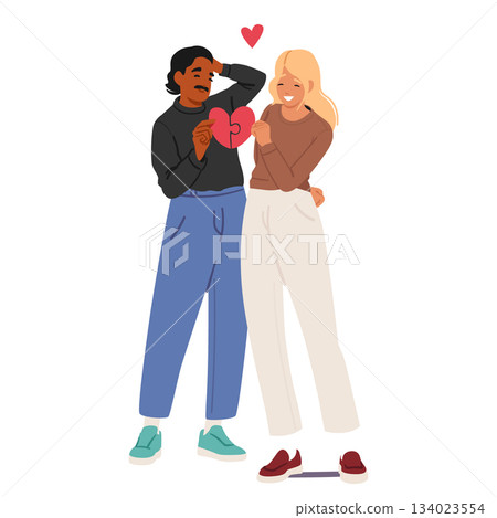 Happy loving man and woman couple cartoon characters tenderly connecting heart jigsaw pieces 134023554