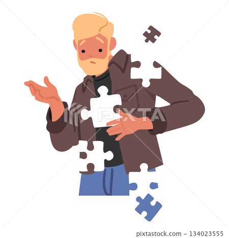 Young man cartoon character lost himself feeling confused by missing metaphor jigsaw puzzle pieces 134023555