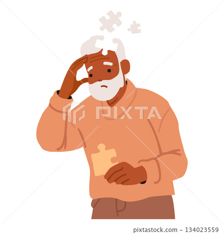 Confused senior man cartoon character missing mind jigsaw pieces suffering from memory loss Confused senior man cartoon character missing mind jigsaw pieces suffering from memory loss 134023559