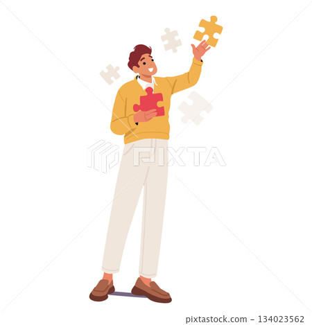 Positive smiling young man cartoon character finding missing jigsaw pieces to build inner resilience Positive smiling young man cartoon character finding missing jigsaw pieces to build inner resilience 134023562