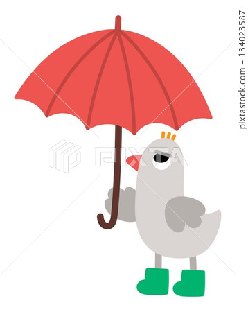 Vector grey bird standing under red umbrella icon. Spring or autumn animal with rain or rainy weather concept. Cute Easter village character illustration for kids isolated on white background 134023587