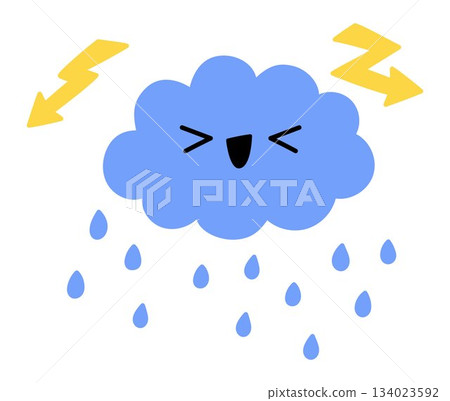 Cute smiling kawaii blue cloud with rain drops lightning icon. Vector childish illustration. Yellow storm concept picture isolated on white background. Spring or summer symbol clipart Cute smiling kawaii blue cloud with rain drops lightning icon. Vector childish illustration. Yellow storm concept picture isolated on white background. Spring or summer symbol clipart 134023592