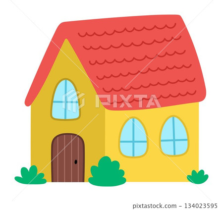 Vector yellow country house icon isolated on white background. Farm or Easter village wooden cottage illustration. Cute rural garden red roofed home Vector yellow country house icon isolated on white background. Farm or Easter village wooden cottage illustration. Cute rural garden red roofed home 134023595
