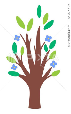 Vector green blossoming tree icon isolated on white background. Garden or forest plant with blue flowers and leaves. Flat spring, Easter village or farm illustration. Natural greenery picture Vector green blossoming tree icon isolated on white background. Garden or forest plant with blue flowers and leaves. Flat spring, Easter village or farm illustration. Natural greenery picture 134023596