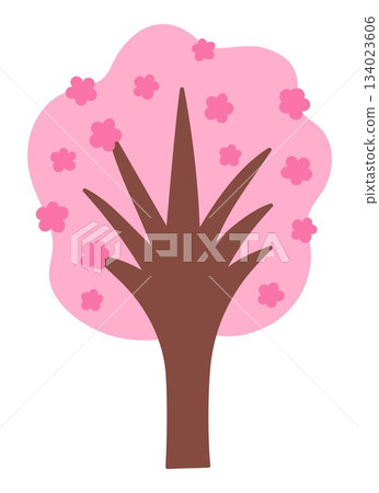 Vector pink blossoming tree icon isolated on white background. Garden, forest, Japanese cherry plant with flowers and leaves. Flat spring, Easter village or farm illustration. Natural greenery Vector pink blossoming tree icon isolated on white background. Garden, forest, Japanese cherry plant with flowers and leaves. Flat spring, Easter village or farm illustration. Natural greenery 134023606