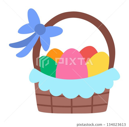 Vector basket with colored eggs and blue bow icon. Easter traditional symbol and design element isolated on white background. Cute spring illustration for kids Vector basket with colored eggs and blue bow icon. Easter traditional symbol and design element isolated on white background. Cute spring illustration for kids 134023613
