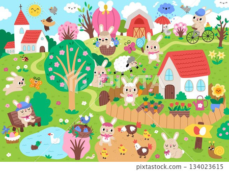Vector Easter village landscape. Rural nature detailed scene with church, bunny, colored eggs, animals, house with carrots and garden, blooming trees, chicks. Cute spring holiday background for kids 134023615