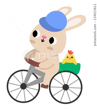 Vector Easter bunny riding bicycle with chick in the basket. Funny rabbit on bike icon. Cute spring or farm animal illustration for kids. Funny hare clipart isolated on white background 134023621