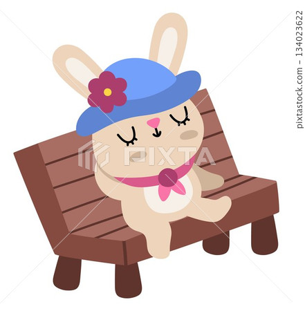 Vector Easter bunny in blue hat sitting and resting on a wooden bench. Funny rabbit icon. Cute spring or farm animal illustration for kids. Funny hare clipart isolated on white background 134023622