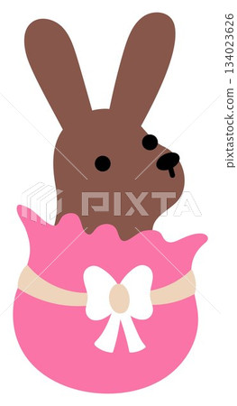 Vector Easter chocolate bunny in pink egg shaped packaging with bow. Funny rabbit icon. Cute spring or farm animal illustration for kids. Funny hare clipart isolated on white background 134023626