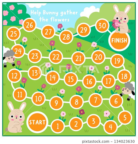 Easter village board game for children with meadow nature scene and bunny gathering flowers. Funny boardgame with cute hare, flowery field, sheep. Spring holiday printable activity, worksheet Easter village board game for children with meadow nature scene and bunny gathering flowers. Funny boardgame with cute hare, flowery field, sheep. Spring holiday printable activity, worksheet 134023630