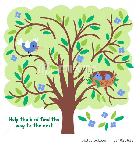 Easter village maze for children with blooming tree and blue bird searching way to her chicks in the nest. Cute labyrinth game with twigs, leaves, nestlings. Spring holiday printable activity, Easter village maze for children with blooming tree and blue bird searching way to her chicks in the nest. Cute labyrinth game with twigs, leaves, nestlings. Spring holiday printable activity, 134023633