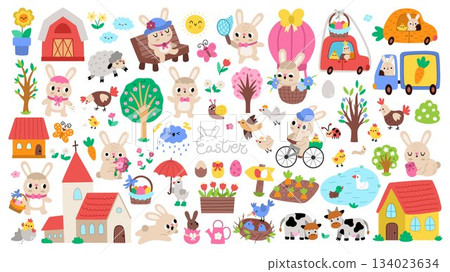 Vector Easter clipart set. Cute farm icons collection with bunny, chicks, church, colored eggs, basket, flowers, house, nest, nature element. Festive illustrations for kids. Spring holiday design pack 134023634