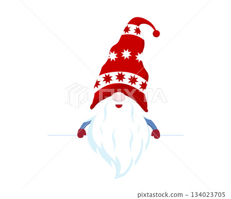 Horizontal card featuring a cheerful gnome looking out from the side of a blank sign, joined by a small elf peeking around the corner. Perfect for Christmas greetings and seasonal announcements. Horizontal card featuring a cheerful gnome looking out from the side of a blank sign, joined by a small elf peeking around the corner. Perfect for Christmas greetings and seasonal announcements. 134023705
