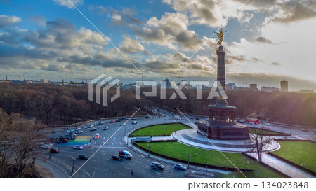 Drone point oF view on Victory column  (67m, built 1864) with observation desk on top of it : sunbeams of sunset 134023848