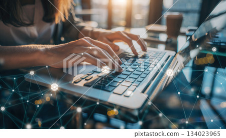 Conceptual representation of digital connection and modern technology in a workspace 134023965