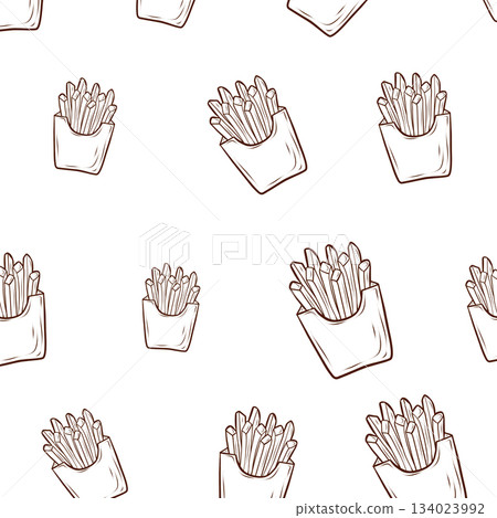 A seamless pattern with french fries. Linear vector illustration. A versatile background element for menus, packaging, corporate identity, advertising layouts, and fast food design. 134023992