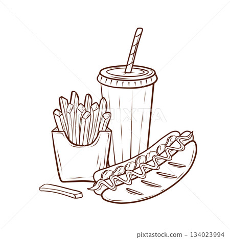 A composition featuring a hot dog, fries, and soda, executed in a vector engraving style with thin linear contours. Elements of American fast food. Suitable for menus, banners, advertising layouts 134023994