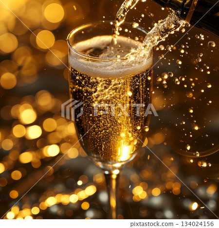 Champagne celebration scene with festive golden lights arranged for a luxurious holiday toast with customizable space for text. Champagne celebration scene with festive golden lights arranged for a luxurious holiday toast with customizable space for text. 134024156
