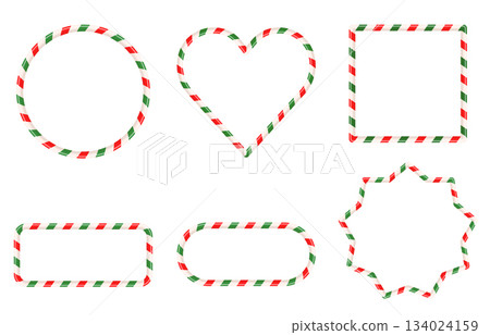 Red and green vector candy cane frames, square, heart and circle striped Christmas borders for menus and ivitations 134024159