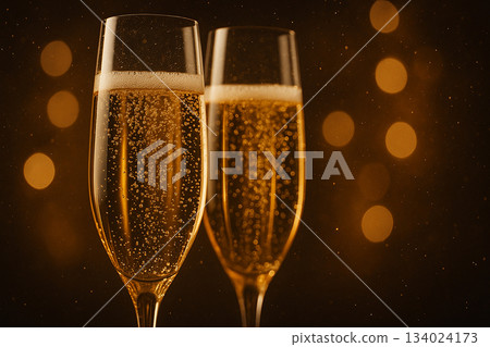 Champagne celebration scene with festive golden lights arranged for a luxurious holiday toast with customizable space for text. Champagne celebration scene with festive golden lights arranged for a luxurious holiday toast with customizable space for text. 134024173