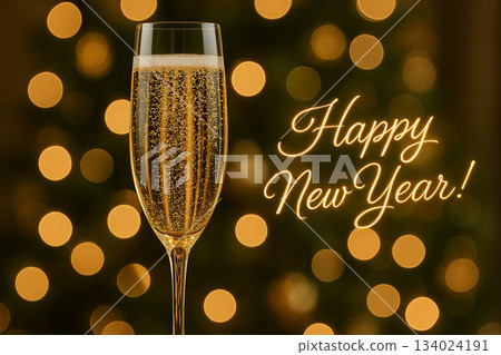 Happy New Year Message with champagne celebration scene with festive golden lights arranged for a luxurious holiday toast with customizable space for text. Happy New Year Message with champagne celebration scene with festive golden lights arranged for a luxurious holiday toast with customizable space for text. 134024191