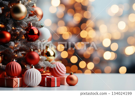 Festive Christmas arrangement with warm lights and classic ornaments with customizable space for text. Festive Christmas arrangement with warm lights and classic ornaments with customizable space for text. 134024199