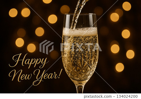 Happy New Year Message with champagne celebration scene with festive golden lights arranged for a luxurious holiday toast with customizable space for text. Happy New Year Message with champagne celebration scene with festive golden lights arranged for a luxurious holiday toast with customizable space for text. 134024200
