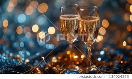 Champagne celebration scene with festive golden lights and sparkling glasses arranged for a luxurious holiday toast with customizable space for text.Champagne celebration scene with festive golden Champagne celebration scene with festive golden lights and sparkling glasses arranged for a luxurious holiday toast with customizable space for text.Champagne celebration scene with festive golden 134024253