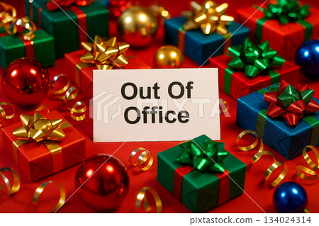 Out Of Office text serve as notification away from work. Christmas and Holiday season concept with beautiful Christmas decoration background. Out Of Office text serve as notification away from work. Christmas and Holiday season concept with beautiful Christmas decoration background. 134024314