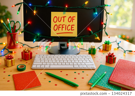 Out Of Office text serve as notification away from work. Christmas and Holiday season concept with beautiful Christmas decoration background. Out Of Office text serve as notification away from work. Christmas and Holiday season concept with beautiful Christmas decoration background. 134024317